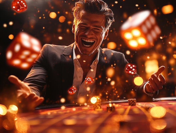 Dealer profesional sedang membagikan kartu di meja poker dengan latar pencahayaan casino yang elegan